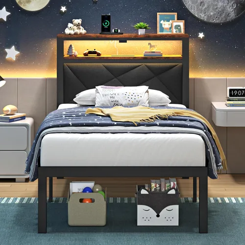 Miniatura 5 de ChicZhiNest Marco de cama individual con cabecero LED y estación de carga USB incorporada, cama de metal tapizada en lino con respaldo y estantes