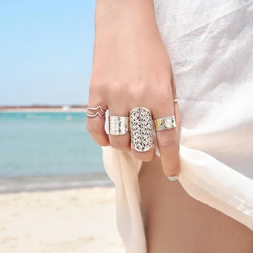 Miniatura 5 de Boho-Magic Anillo de plata de ley para mujer, banda ancha grande, dedo completo