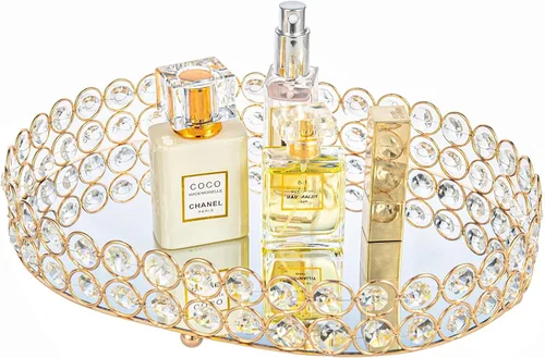 Feyarl Bandeja de perfume de cristal, organizador de maquillaje, joyería ornamentada, baratija, herramientas cosméticas, almacenamiento decorativo