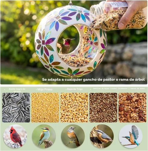 Miniatura 6 de VCUTEKA Comedero para pájaros para colgar en el exterior con recipiente de vidrio de forma redonda para atraer más aves silvestres, mosaico de paso