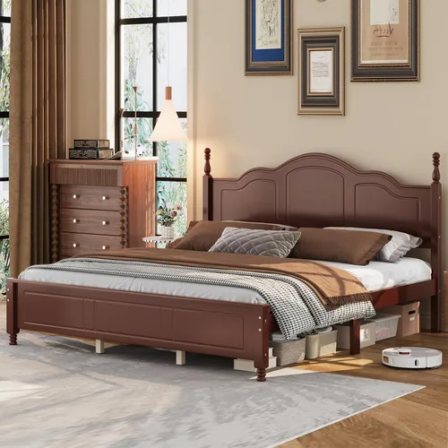 Miniatura 10 de Marco de cama de madera de pino de estilo retro con cabecero, no necesita caja de resortes, nogal oscuro