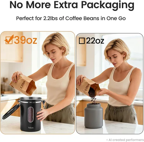 Miniatura 3 de Veken Recipiente de café con ventana, recipiente hermético de almacenamiento de alimentos de cocina de acero inoxidable con tapas, rastreador