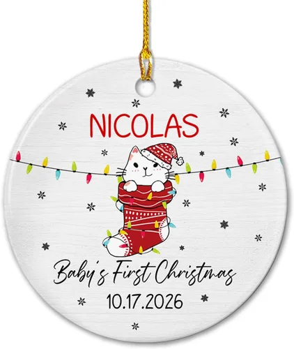 Miniatura 9 de Adornos de cerámica personalizados con texto en inglés «My First Christmas», bonito adorno de Navidad de gato para bebés, niños, primer recuerdo