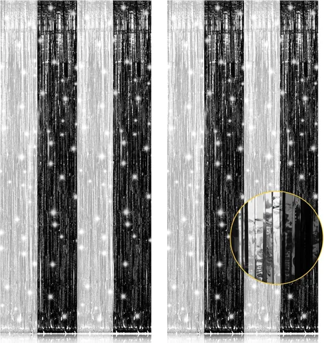 Miniatura 10 de Paquete de 2 cortinas de flecos de lámina de oropel negras de 3.2 pies x 8.2 pies, cortinas de oropel metálicas para telón de fondo de cabina