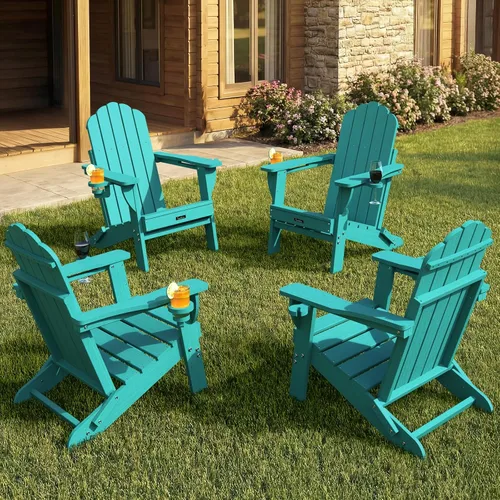 Miniatura 46 de Silla Adirondack plegable, silla Adirondack de HDPE con 2 soportes para tazas, sillas para fogatas al aire libre de fácil montaje para patio
