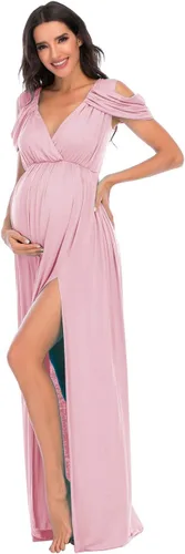 ZIUMUDY - Vestido de maternidad con hombros descubiertos y cuello en V, envolvente, para sesiones de fotos y baby shower, maxi