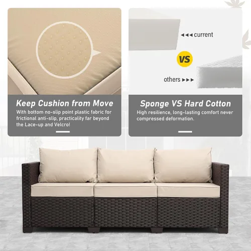 Miniatura 5 de Rattan Star Muebles de exterior, sofá de 3 plazas, sofá de mimbre marrón para exteriores, asiento profundo, respaldo alto, sofá de patio con cojines