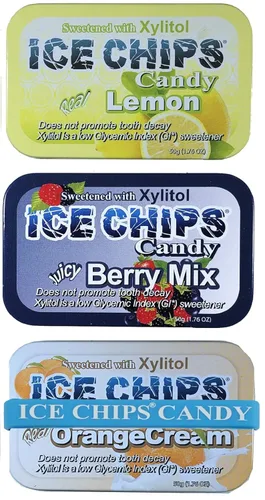 ICE CHIPS Xilitol Candy 6 latas (paquete de fruta); bajo en carbohidratos, sin gluten, incluye ICE CHIPS BAND como se muestra