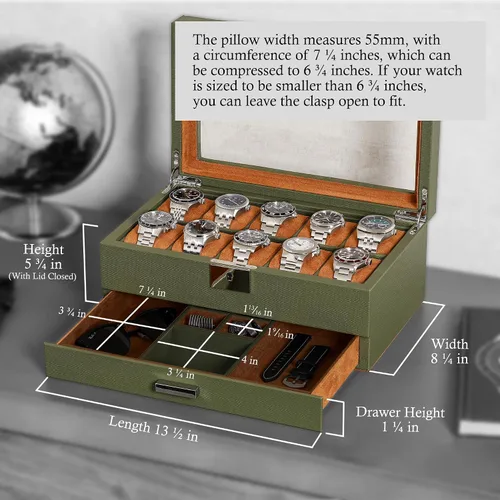 Miniatura 43 de ROTHWELL Caja de reloj de cuero de 10 ranuras con cajón de valet, organizador de exhibición de lujo con forro de microgamuza ultrasuave, soporte