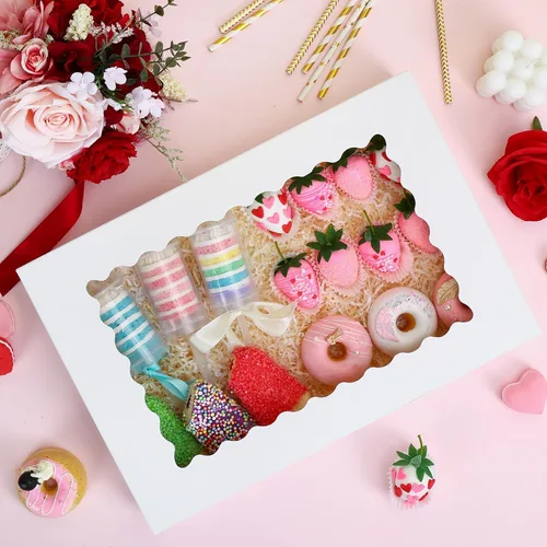 Miniatura 5 de TOMNK 25 piezas Cajas para galletas con ventana, 16x11x2.5 pulgadas Cajas de panadería grandes con despliegue automático para golosinas, postres