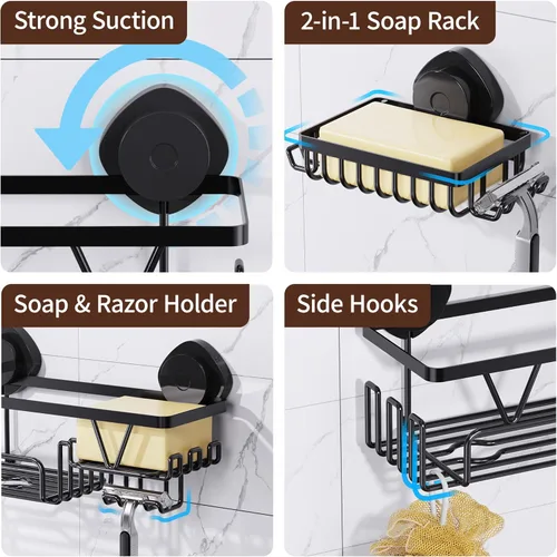 Miniatura 3 de KEGII Ventosa para ducha, paquete de 3 estantes de ducha extraíbles con ganchos y soporte para jabón, organizador de baño sin perforaciones