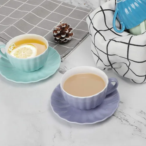 Miniatura 2 de amhomel Juego de 6 tazas de café y platillos de porcelana, tazas de capuchino de 4 onzas, colores fríos surtidos