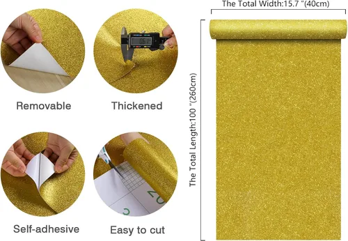 Miniatura 9 de CHIHUT Papel adhesivo Gold Sparkle de 15.7 x 100 pulgadas, papel tapiz con purpurina dorada, autoadhesivo, extraíble, papel de pared dorado, papel