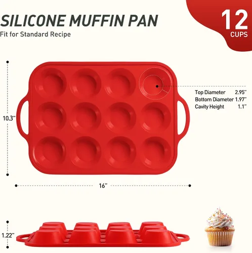 Miniatura 2 de 12 Tazas Molde para Muffins de Silicona con Marco Reforzado de Metal, Molde Regular para Cupcakes, Bandeja para Huevos, Moldos Circulares de Rojo