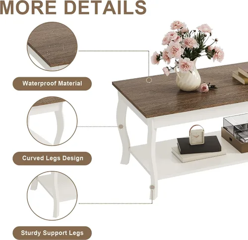 Miniatura 5 de ChooChoo Mesa auxiliar, mesa central rústica con patas curvas y estante de almacenamiento, mesa de centro de 39 pulgadas para sala de estar, blanco
