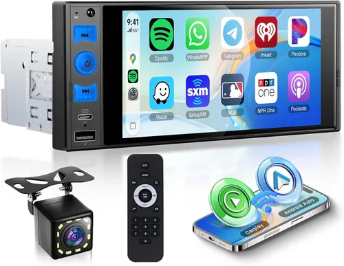Estéreo de coche de un solo DIN con CarPlay inalámbrico de Apple y Android Auto, radio de coche con pantalla táctil Incell de 6" 1 DIN con cámara de