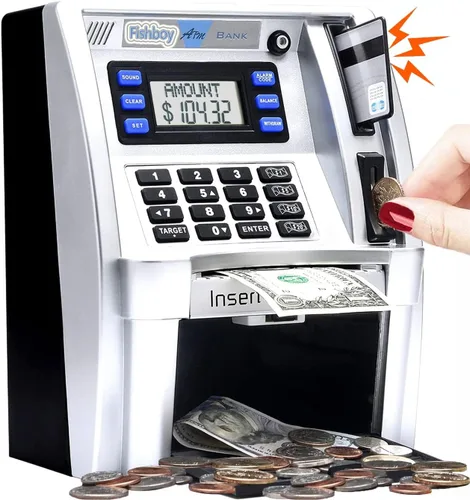 Miniatura 9 de Fishboy Caja de ahorros parlante estilo cajero automático para niños con dos tarjetas de débito, memoria de apagado, cajón de apertura automática