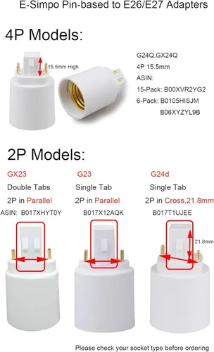 Miniatura 6 de Adaptador G24d a E26/E27 (no GY24d) Adaptador de enchufe CFL de 2 pines de 0.858 in G24 a E26/E27, convertidor de base de lámpara GX24d a E26/E27