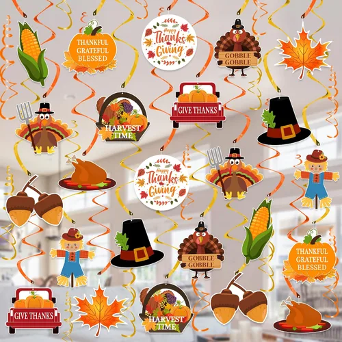 Decoraciones de Acción de Gracias, remolino colgante, 36 serpentinas de techo colgantes de Acción de Gracias, maíz, calabaza, hojas de arce,