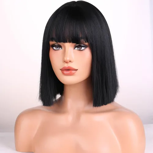Pelucas negras para mujeres y niñas, peluca corta y recta negra con flequillo, pelucas sintéticas resistentes al calor, para fiestas de disfraces y