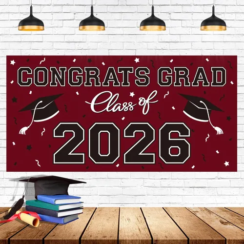 Miniatura 9 de Telón de fondo de plástico para fiesta de graduación 2026, 65 x 32.7 pulgadas, pancarta de felicitaciones graduadas en negro, decoraciones de clase