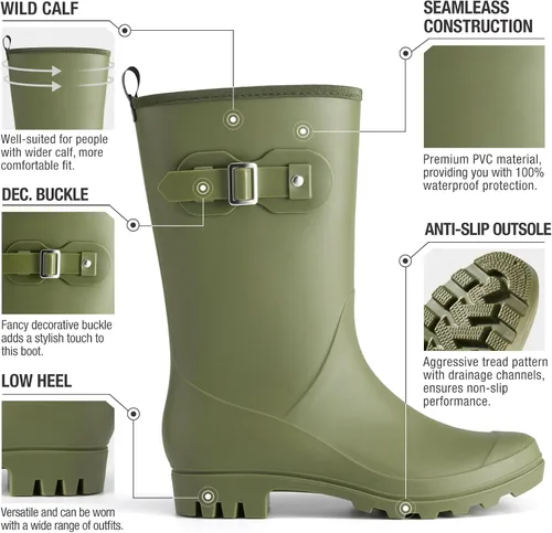 Miniatura 3 de HISEA Botas de lluvia de goma a media pantorrilla para mujer, botas Wellington impermeables para exteriores