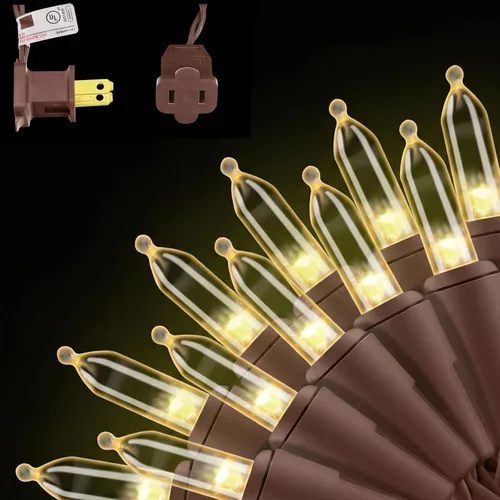 150 unidades de luces de Navidad LED mini de color blanco cálido, 50 pies de cable marrón, con certificación UL, conectables, luces de Navidad para