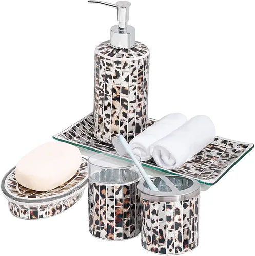 Miniatura 7 de KMWARES Juego de accesorios decorativos de baño de vidrio de mosaico de 5 piezas, incluye dispensador de jabón Hande y vaso, bandeja para jabón