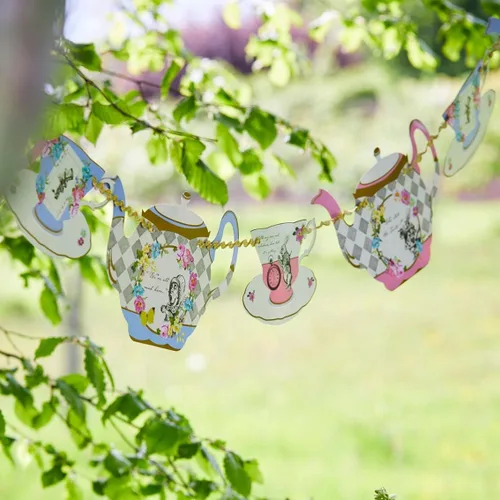 Miniatura 3 de Guirnalda de banderines de tetera Alicia en el País de las Maravillas de 13 pies, decoración temática para fiesta de té, cumpleaños, té de la tarde