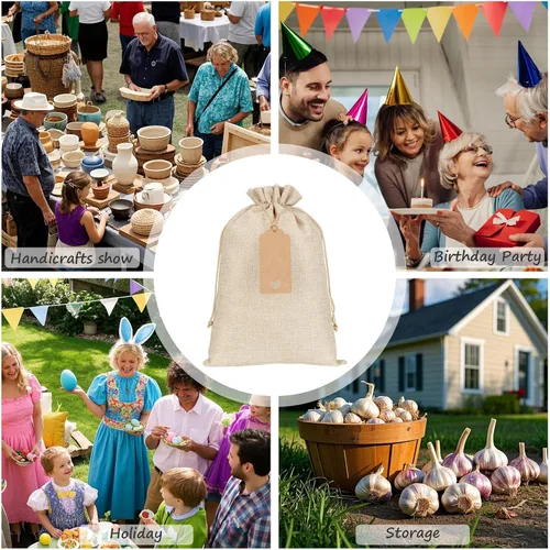 Miniatura 6 de Bolsas de arpillera con cordón de 8"x12", reutilizables, para bodas, fiestas, uso doméstico