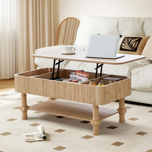 Miniatura 15 de XUZENEST - Mesa de café redonda de 31.5" con almacenamiento, mesa de café de 2 niveles de mediados de siglo moderna con puerta deslizante de tambor
