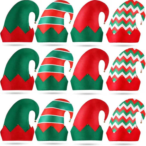 Yaomiao 12 sombreros de fieltro de elfo de Navidad, sombreros de elfo verde y rojo a granel con campana, sombrero de Papá Noel para fiestas de