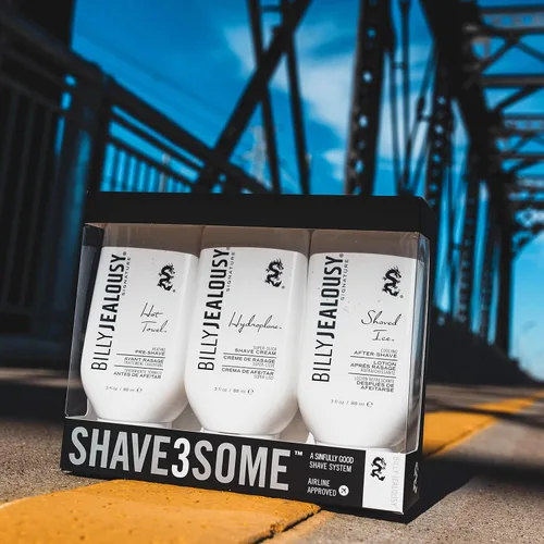 Miniatura 5 de Billy Jealousy Shave3some Trio - Kit de afeitado de tamaño de viaje para hombres con calentamiento preafeitado, crema de afeitado súper resbaladiza