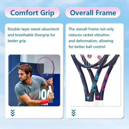 Miniatura 5 de Raqueta de tenis para 2 jugadores adultos, perfecta para principiantes y jugadores profesionales, raqueta de tenis de velocidad de 27", incluye