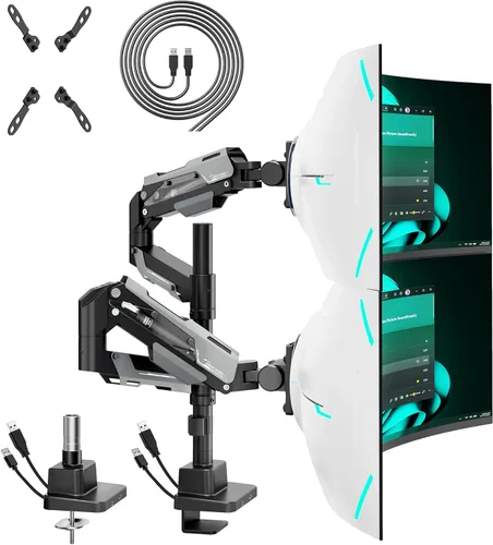 ARES WING Heavy Duty Gas Spring Dual Monitor Mount, Adjustable Stacked Desk Mount for 2 Ultrawide Screens up to 57 Inch with USB A/C Charging Ports,