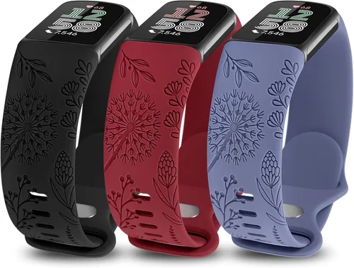 Miniatura 16 de Minyee Paquete de 3 bandas grabadas florales compatibles con Fitbit Charge 6 bandas/Fitbit Charge 5 bandas para mujer, lindo diseño de flores