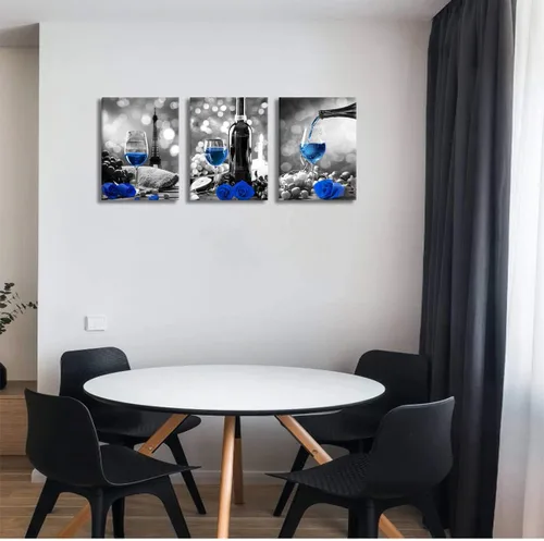 Miniatura 2 de Obras de arte de rosas de vino para paredes del hogar, blanco y negro con pintura de vino azul, decoración de comedor, cuadros de cocina azules