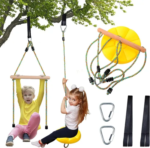 Miniatura 8 de Columpio de disco para niños, columpio de cuerda ajustable, accesorios con barras de mono, 1 mosquetón, 2 correas colgantes añadidas 3 en 1, juego