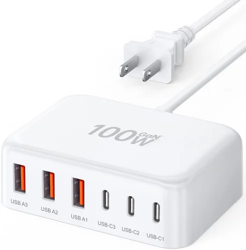 Cargador rápido USB C, bloque de estación de carga de 100W GaN de 6 puertos tipo USB C, adaptador de toma de corriente de pared USB C para iPad
