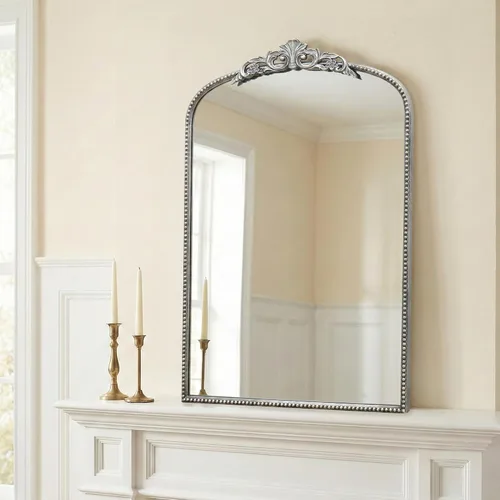 Micasso Espejo de plata tradicional vintage: espejo antiguo barroco francés, espejos arqueados decorativos ornamentados para pared, baño, entrada,