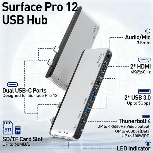 Miniatura 2 de Estación de acoplamiento Surface Pro 12, Quad Display Surface Pro 12 Hub USB con HDMI 4K dual 4K, Thunerbolt 4 Hub
