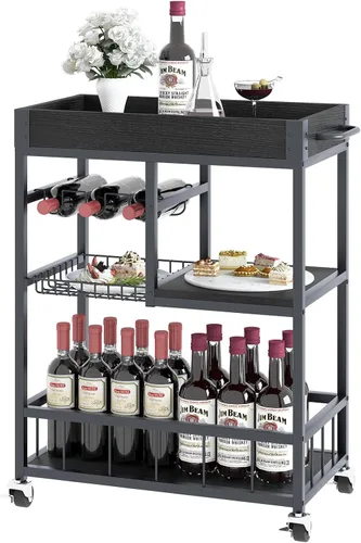 Miniatura 10 de Carro de servicio para bar con soporte para vino de 3 niveles, carrito móvil para el hogar, con ruedas, carrito de cocina industrial