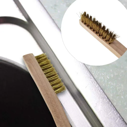 Miniatura 7 de Juego de 12 cepillos de alambre, pequeños cepillos de alambre para detallar, cerdas de latón/acero inoxidable con mango de madera curvado de 8