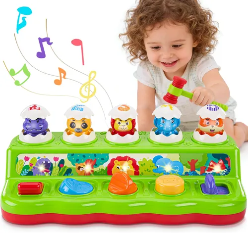 Juguetes de 1 año para niños y niñas, regalo de cumpleaños, causa y efecto, juguete desplegable de animales con música y luz para niños pequeños de
