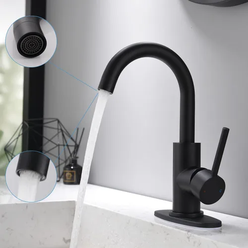 Miniatura 2 de Grifo de Baño Negro Grifos de Tocador Negro Mate con Desagüe Pop-Up, Grifos Modernos de Lavabo de Baño de Un Solo Orificio con Placa de Cubierta
