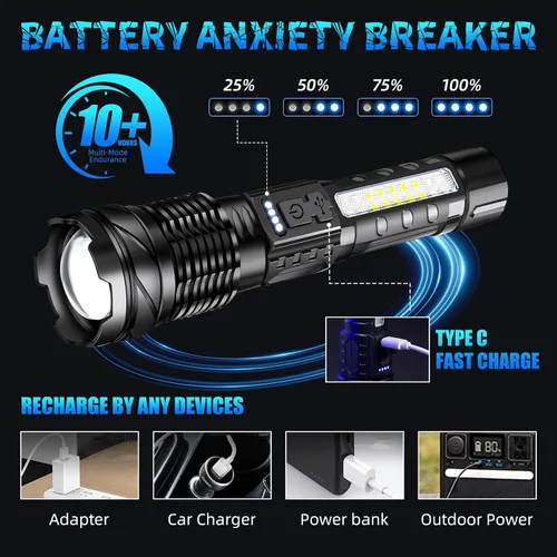 Miniatura 5 de Linternas recargables LED de alto lúmenes, paquete de 2 luces LED láser blanco súper brillante de 7 modos con zoom, linternas tácticas, carga USB-C