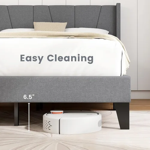Miniatura 7 de KOMFOTT Base de cama tapizada tamaño Queen con cabecera con respaldo de ala, plataforma moderna con soporte de listones de madera, base de colchón