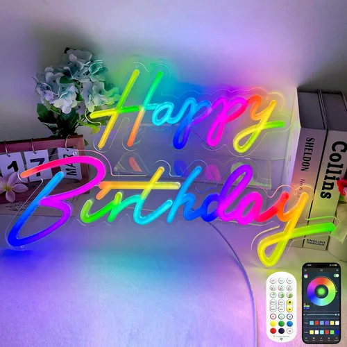 Letrero de neón grande con texto en inglés «Happy Birthday» de «Happy Birthday» para decoración de pared, letrero LED para fiesta de cumpleaños con
