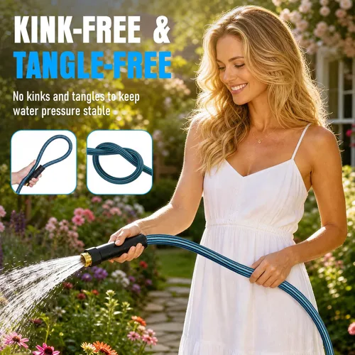 Miniatura 4 de Manguera de jardín no expandible de 25 pies, manguera de agua flexible resistente, resistente a las torceduras, manguera híbrida ligera con piel