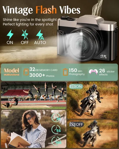 Miniatura 7 de Cámara digital 4K para fotografía con WiFi, cámara de videoblogs de 64 megapíxeles con enfoque automático para YouTube, cámara compacta de viaje
